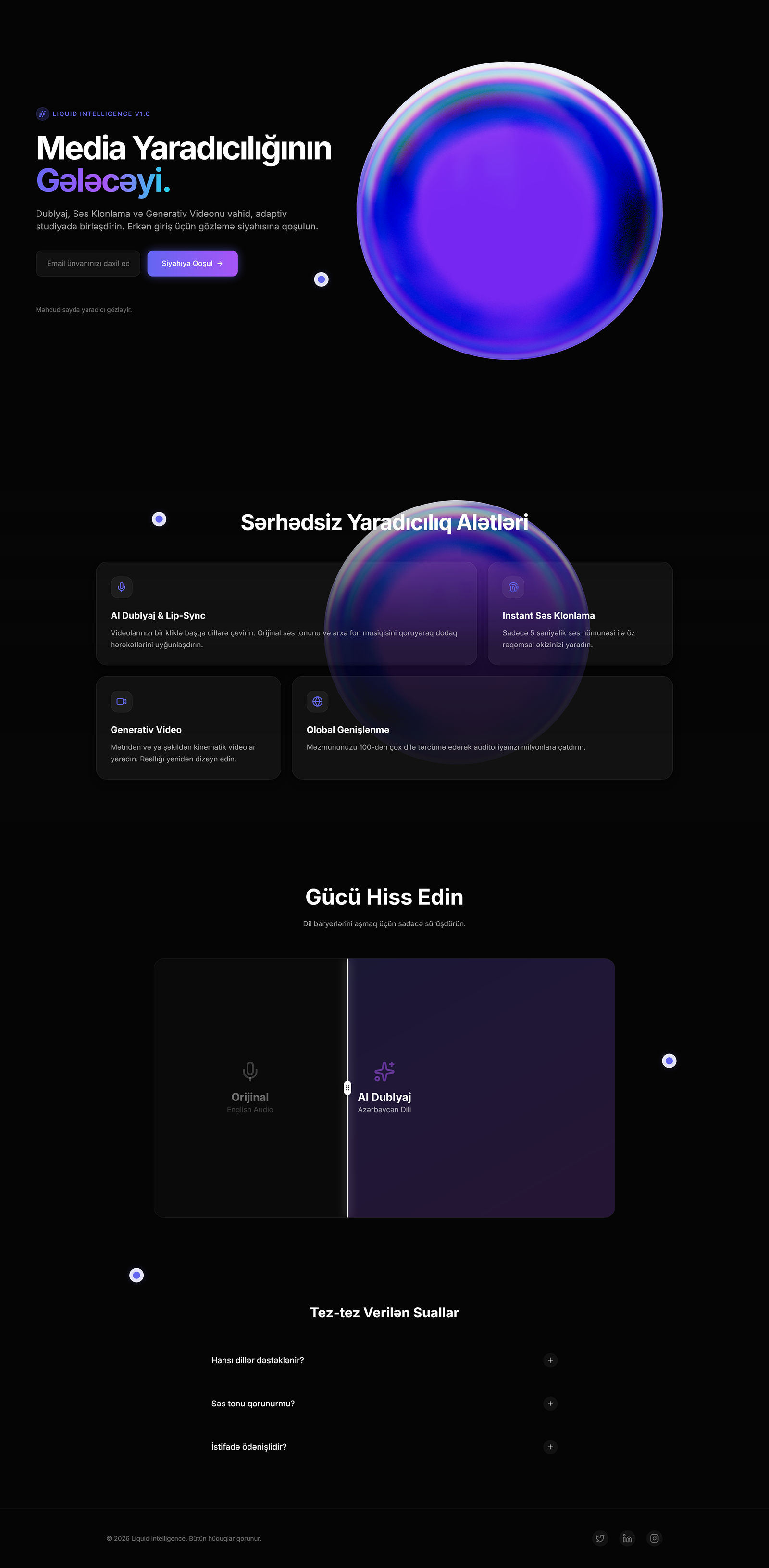 Liquid Intelligence - AI Media Studio UI 3d agency ai artificialintelligence darkmode darktheme dashboard figma futuristic glassmorphism gradient landingpage saas servoogle startup typography ui uidesign webdesign webflow