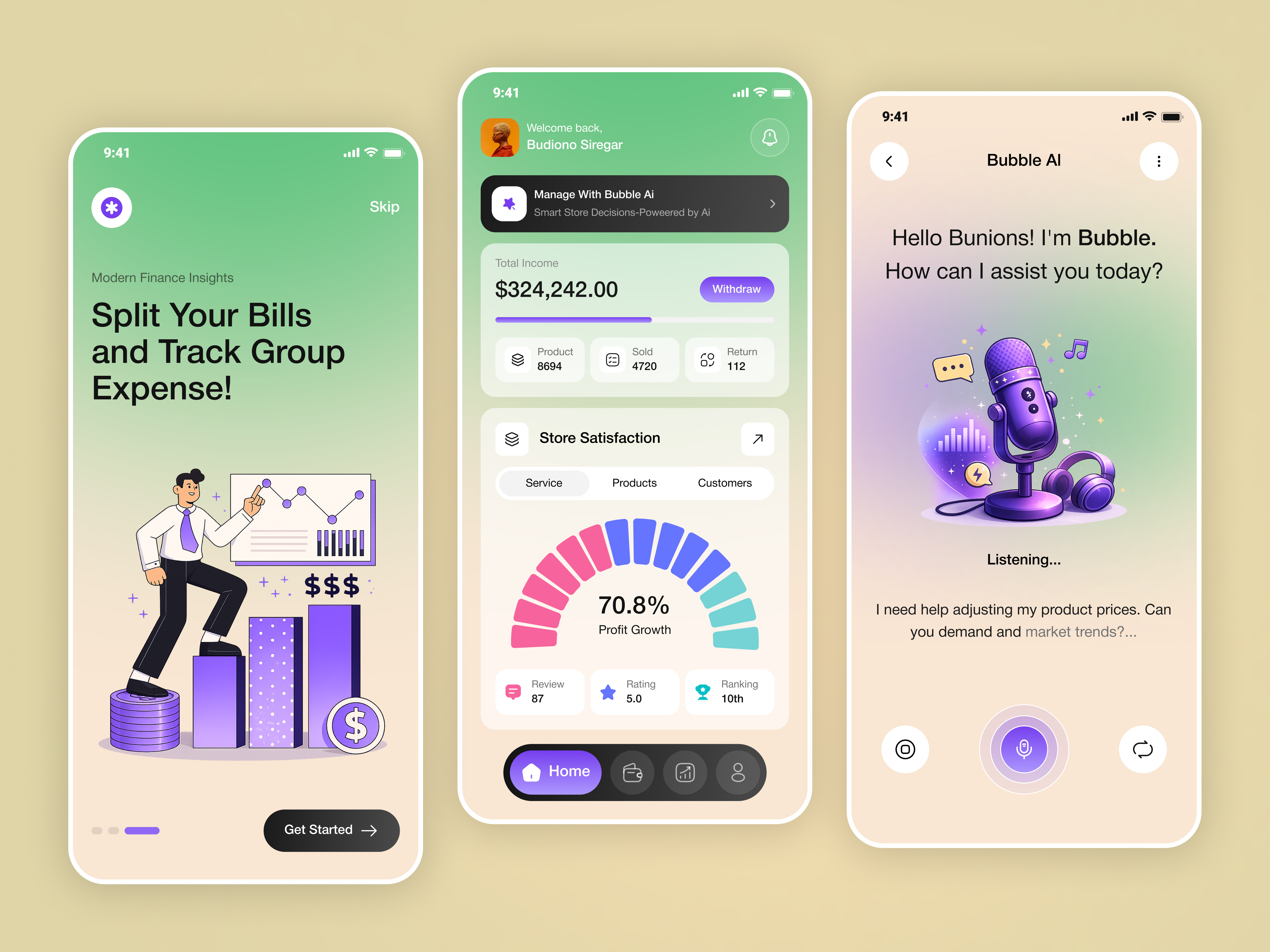 Bubble AI — Smart Finance & Store Management 🫧 ai app app design banking app bnpl buy now pay later chatbot discount app finance finance app installment marketplace app mobile app payment checkout payment management split bill split payment store locator ui