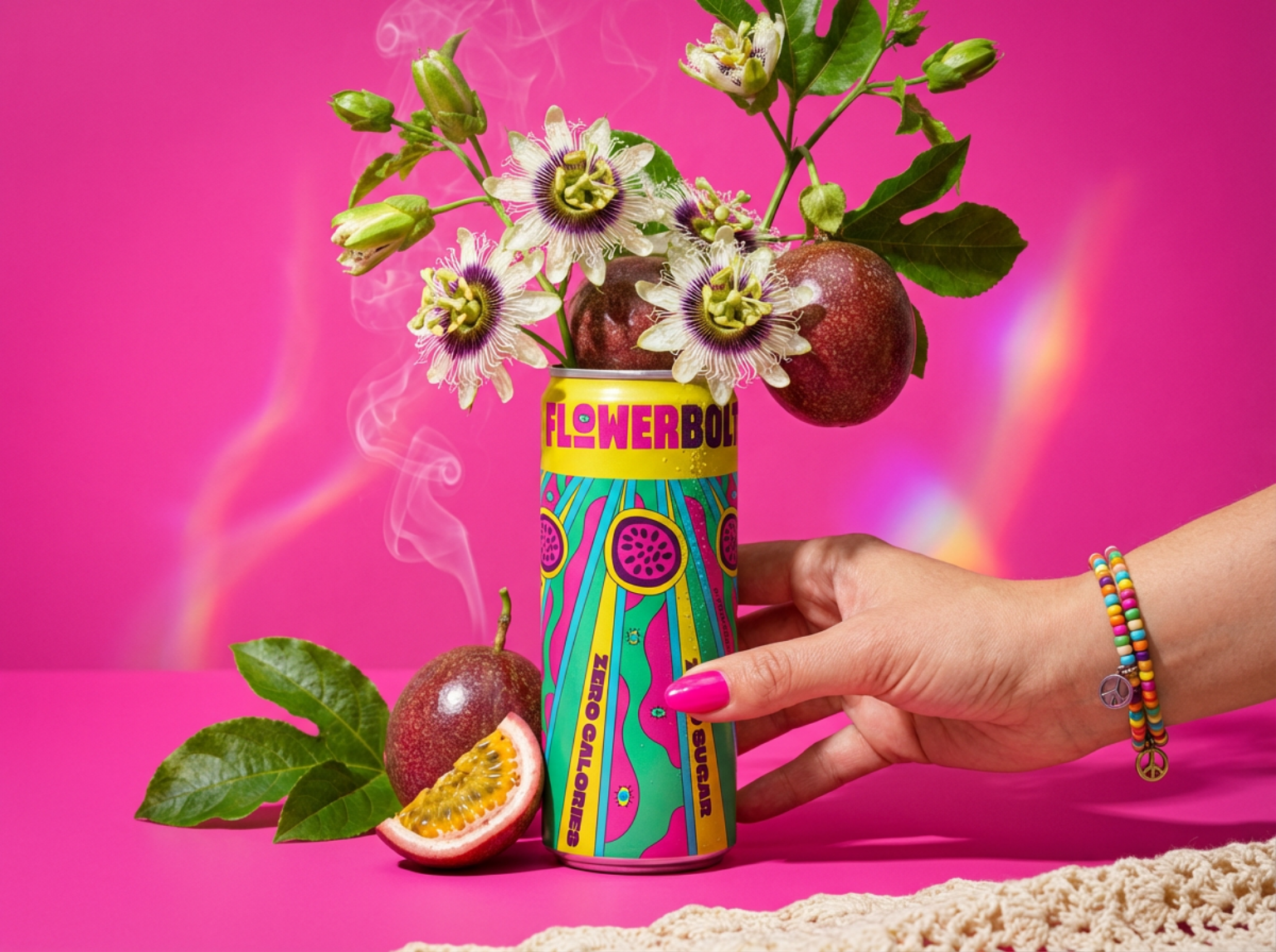 FlowerBolt — Energy Drink Brand & Packaging Design 70s bold branding can creative energy drink graphic design hippie illustrative labels logo package packaging design retro vintage