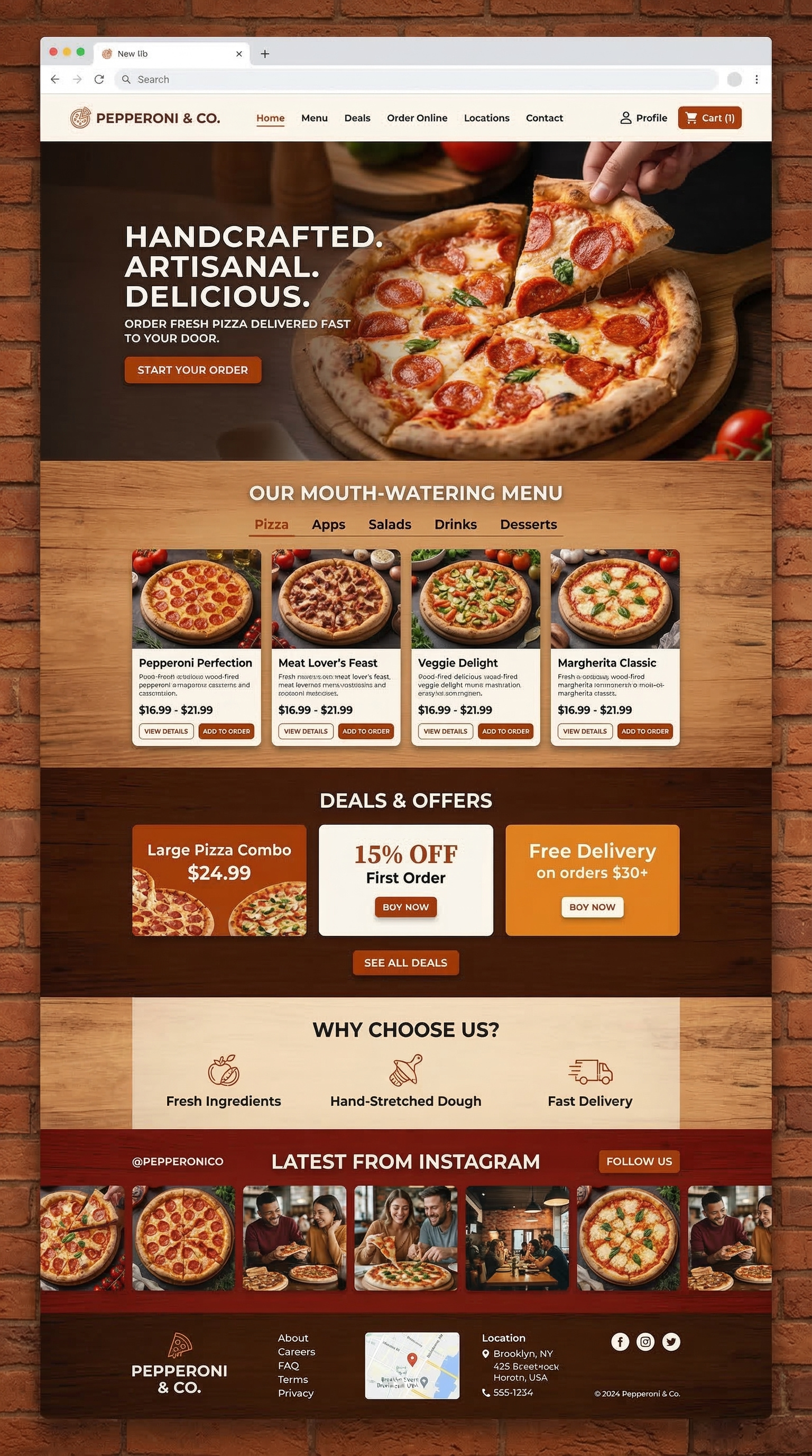 A modern pizza restaurant website homepage with a mouth-watering artisanal food brick oven delicious food fast delivery food deals food photography food website fresh ingredients handcrafted pizza instagram feed latest news modern design mouth watering menu online ordering pizza menu pizza restaurant restaurant offers social media tasty pizza web page