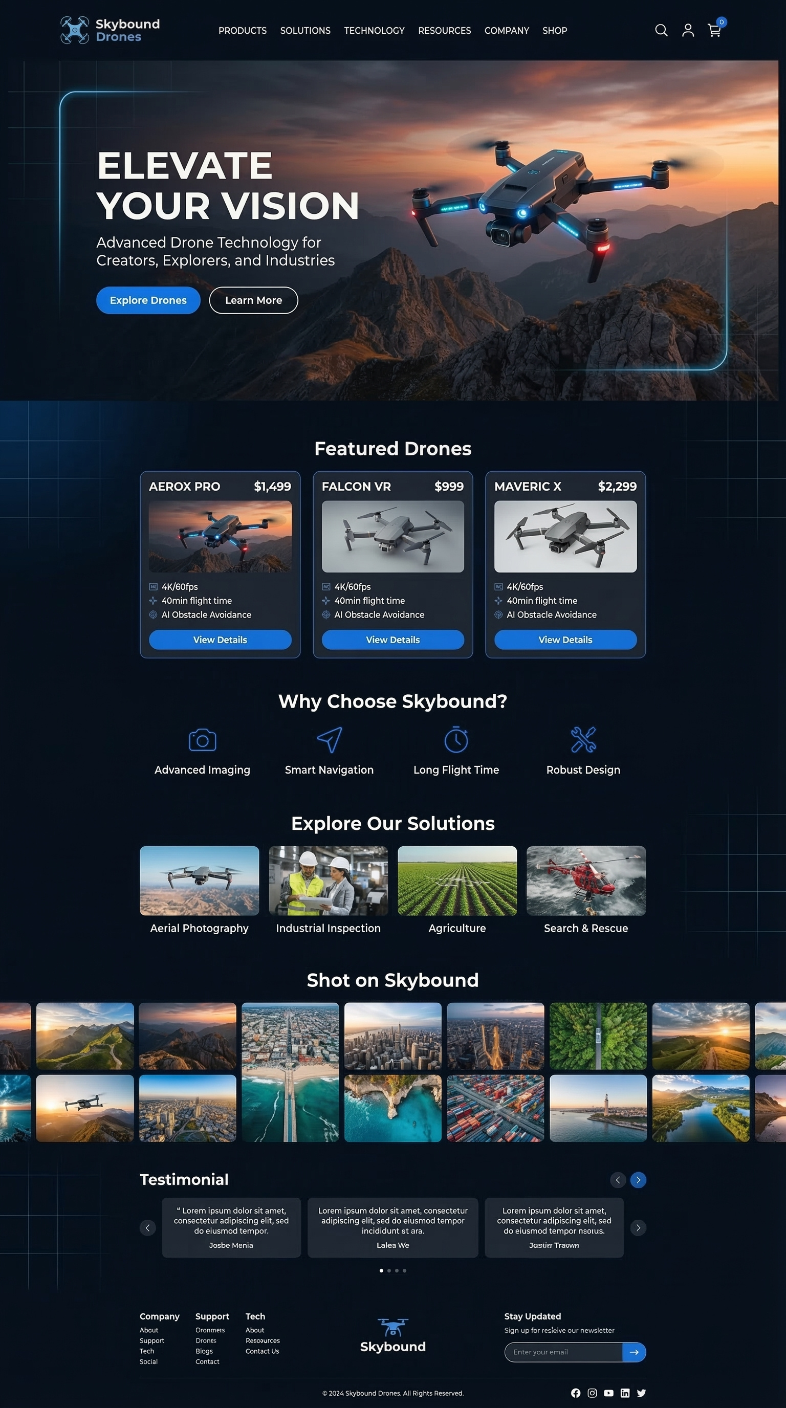 Drone and technology theme website layout design advanced tech aerial photography aerial view business innovation business solutions commercial drone digital interface drone flying drone services drone solutions drone technology elevated vision high altitude modern design mountain peak professional photo skybound systems sunset sky tech advancements website design