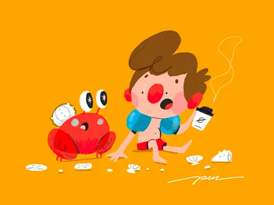 Gossiping beach cartoon character color crab cute day design illustration shells