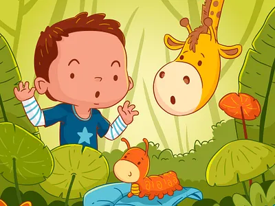 Little Explorers Whimsical Children's Book Illustrations boy character caterpillar art character design childrens book illustration childrens publishing cute giraffe digital painting editorial illustration educational illustration forest animals jungle adventure kidlitart nature illustration nursery decor picture book art storybook illustration vector art whimsical art
