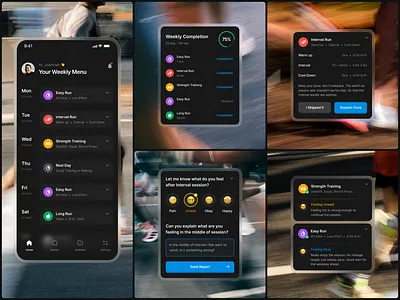 UI Preview with background image blurry image charts chat dark mode dashboard data design feedback form mobile app presentation running stats thumbnail ui ui elements ui kit ux widgets workout