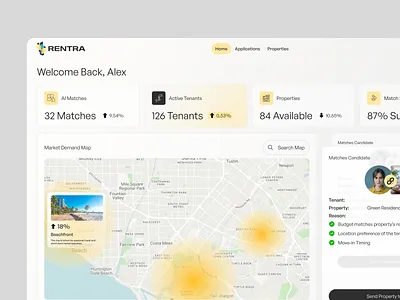 Rentra - AI Tenant–Property Matching Dashboard ai dashboard dashboard design interface platform product product design prop tech property property technology real estate rental saas saas dashboard ui web dashboard web design website website dashboard