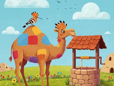 The Patchwork Traveler A Well-Deserved Rest adventure story animal characters camel art character design childrens book illustration childrens publishing desert traveler digital painting folk art style hoopoe bird kidlitart nature art nursery decor patchwork design picture book artist storybook art textured illustration vibrant colors visual storytelling whimsical animals
