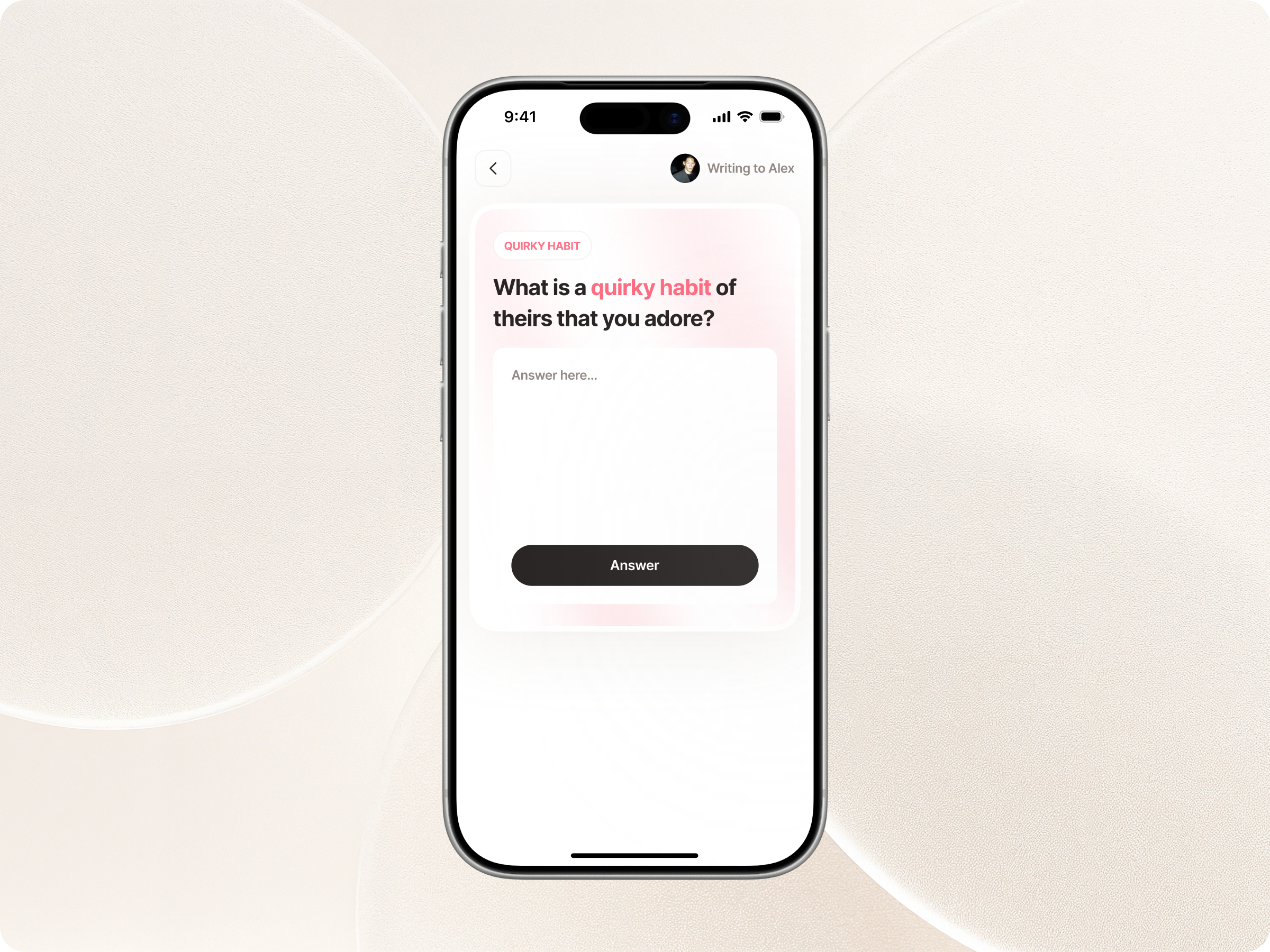 Relationship Question Card – Mobile Interaction UI, Daily Prompt conversation app ui conversation starter ui design figma mobile ui concept mobile chat interaction design mobile writing interface design prompt based social app question prompt interface reflective prompt app ui relationship app ui social connection mobile ui social interaction design ui