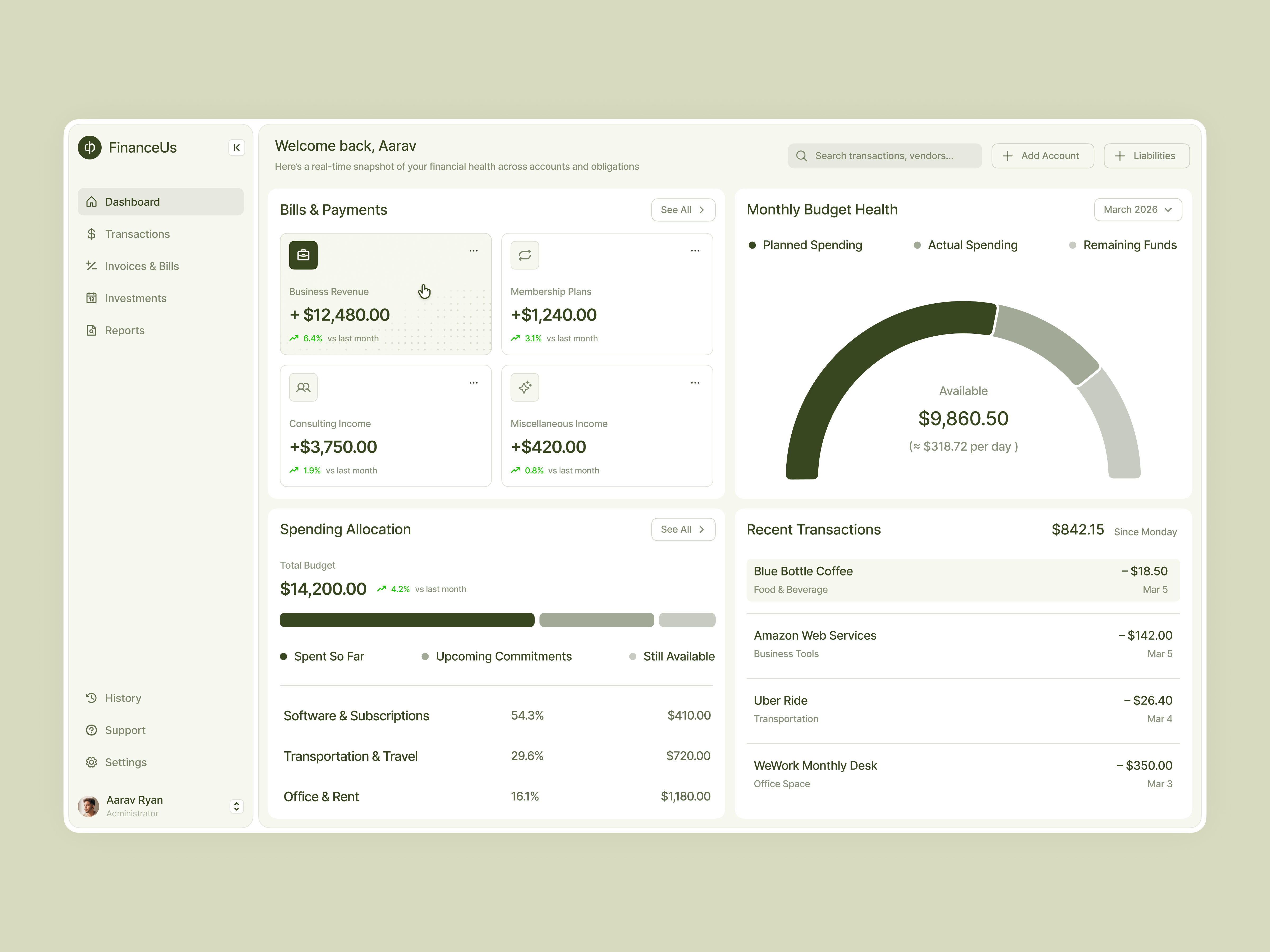 FinanceUs — Personal Finance Dashboard UI Design b2b clean ui dashboard design dashboard ui data visualization design inspiration finance app fintech design interface design minimal ui modern product design saas dashboard saas design ui ui design ui ux web app design web design wingly