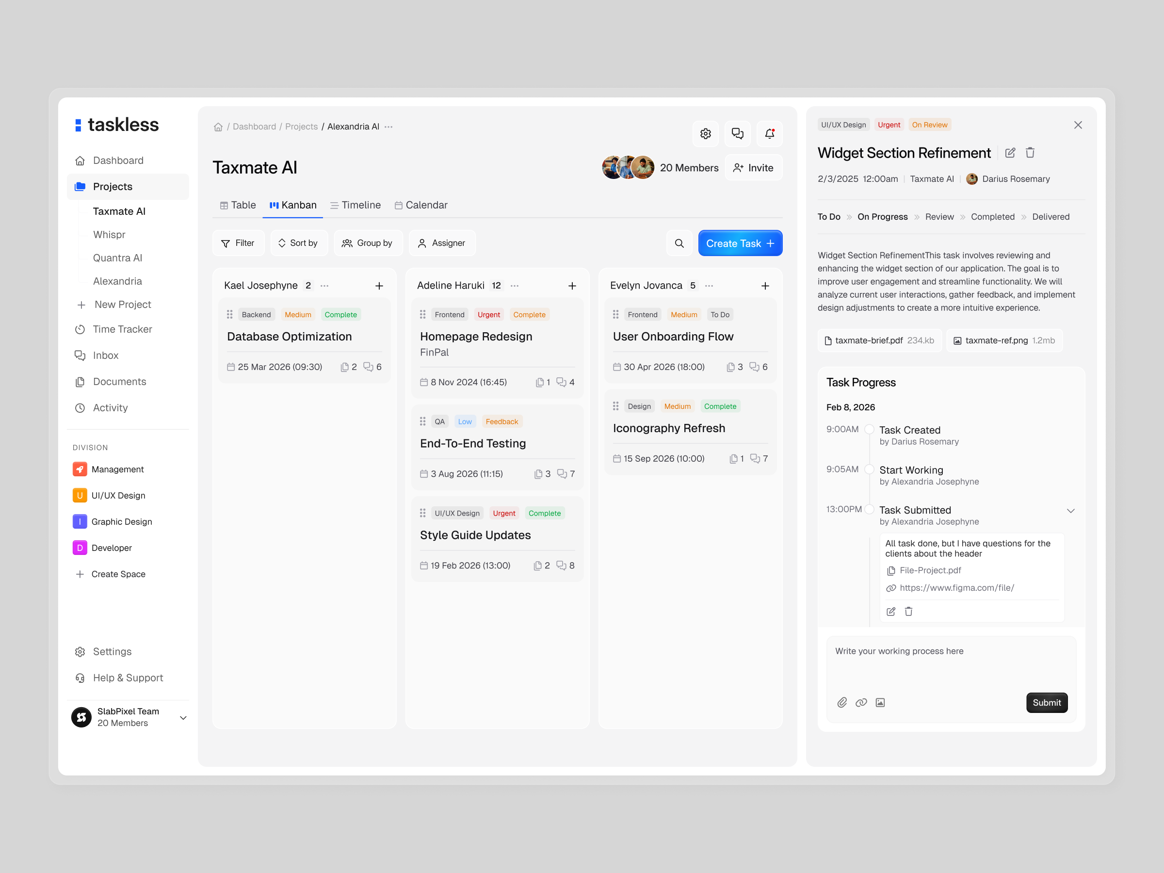 Example of Taskless: Task Management Dashboard - Project Detail Page