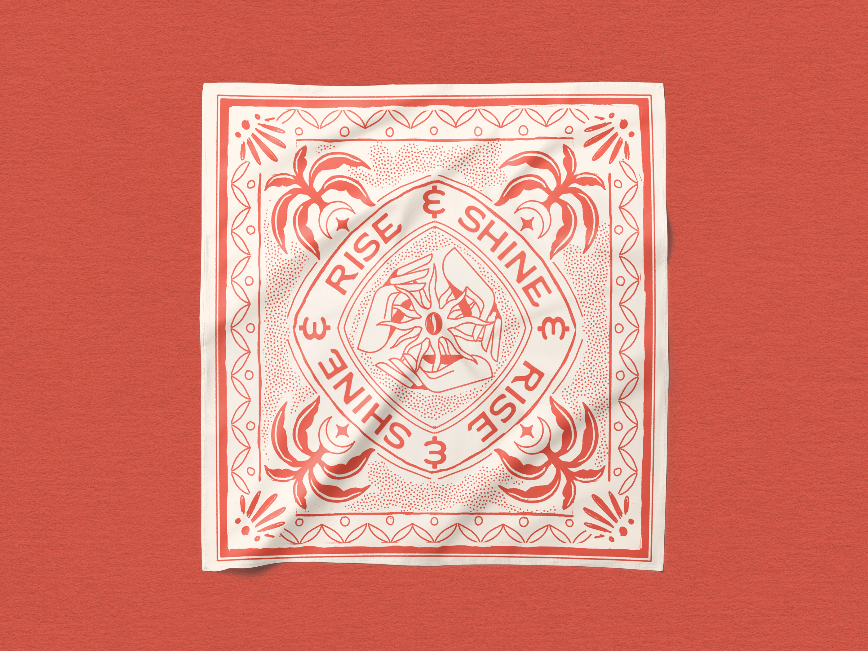Rise & Shine - Vintage Scarf Design apparel artwork bandana branding coffeebranding design geometric graphic design hand drawn illustration logo merchandise outdoorgear palm retrodesign scarfdesign vintage design vintage illustration vintage merch