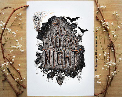 All Hallows Night - Illustrated Typography animals art branding design drawing face graphic design halloween handmade heart illustration logo love nature skull space surreal type