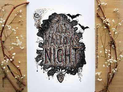 All Hallows Night - Illustrated Typography animals art branding design drawing face graphic design halloween handmade heart illustration logo love nature skull space surreal type