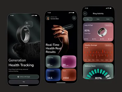 Smart Ring Health App UI clean ui design fitness app health app health tracker heart rate monitor minimal ui mobile app concept mobile app design mobile ui modern ui sleep tracker smart ring ui uiuxdesign wearable app wellness app