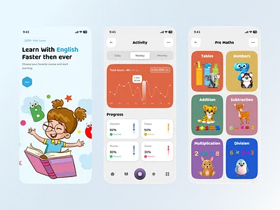 Kids Education Mobile App UI – Learn English & Pre-Math 🧠✨ child education educational app illustration kid app design kids app kids elearning kids learning learning app lessons mobile mobile app mobile app design online course online learning playful product design quiz app quiz app design school