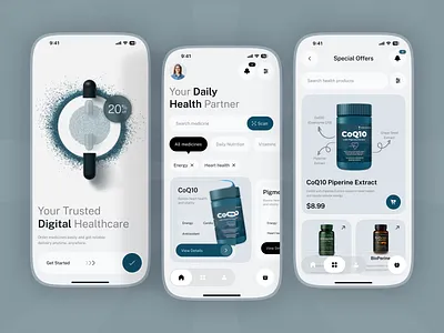Modern Healthcare & Medicine Supplement App digital health solution e pharmacy mobile app ecommerce app design ui glassmorphism medical ui health app design healthcare product healthcare product design medical dashboard ui medicine medicine deliver medicine delivery app ui minimalist app interface design mobile app ui pharmacy app supplement supplement store app vitamin shop website ui wellness app ui design