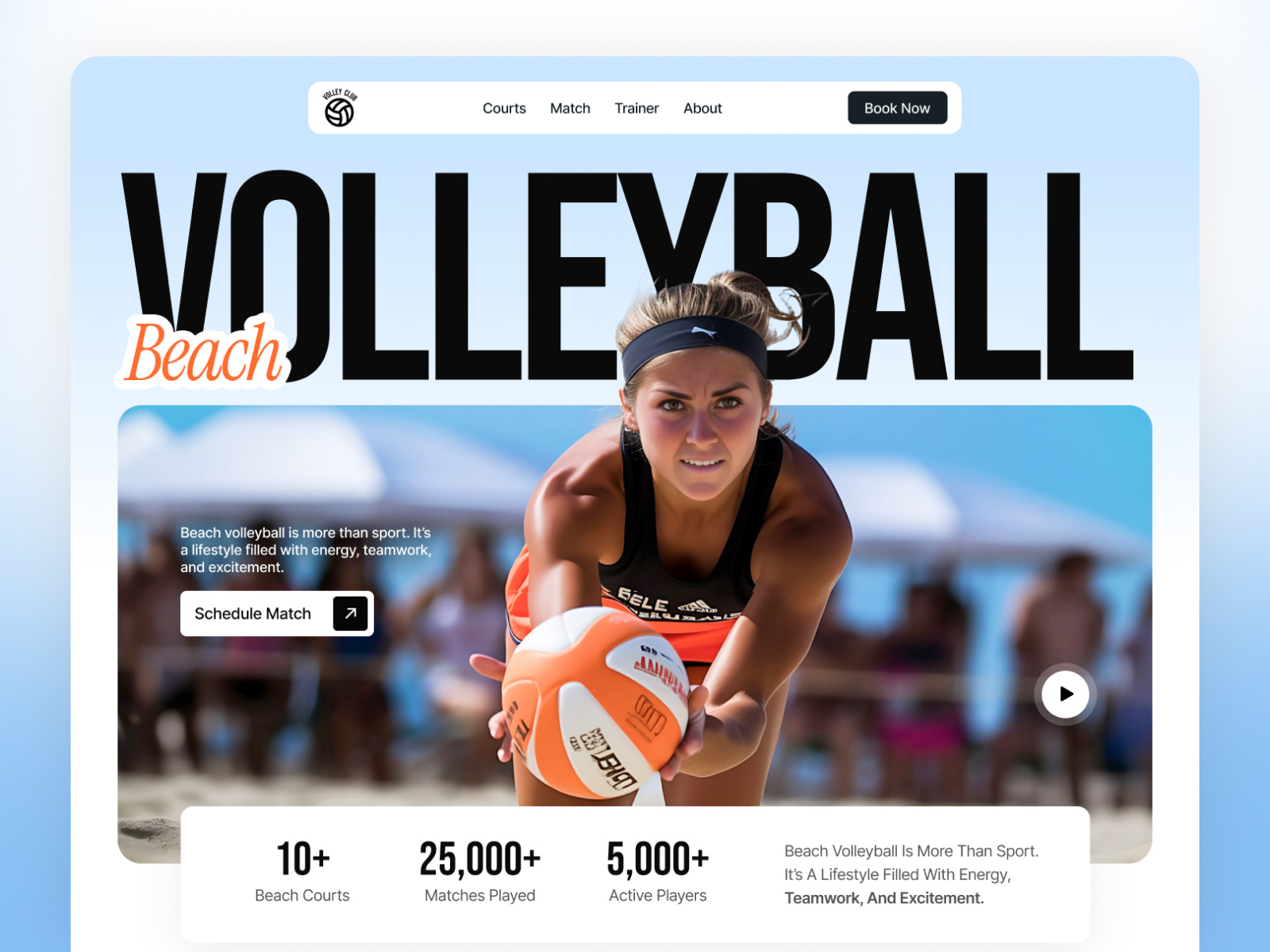 Play. Book. Compete - Volleyball Booking Platform Website beach beachball blue development event hero section mobile app design modern sports website responsive website saas website shopify design sports sports landing page techwitpro trendy design uiux uiux design volleyball website