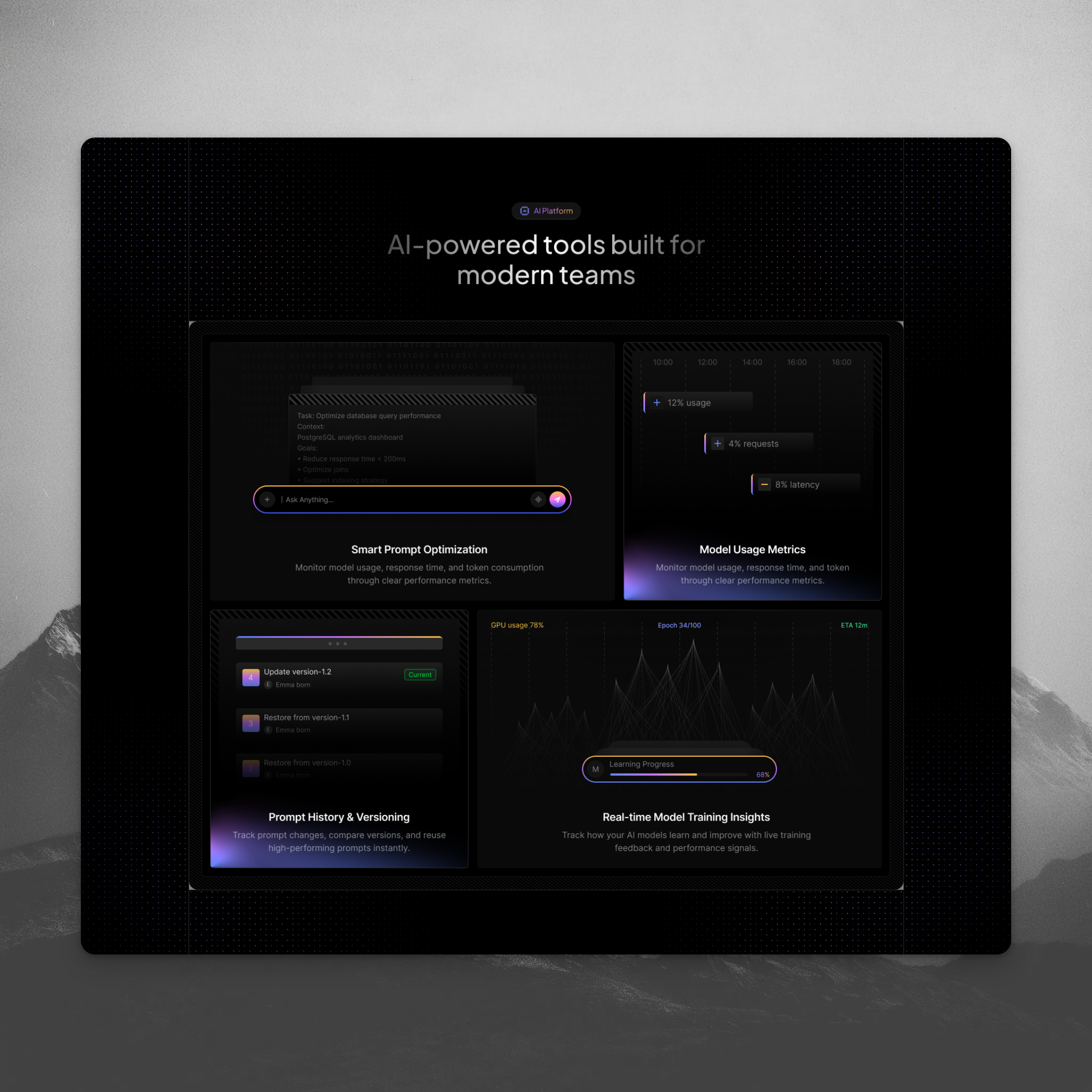 AI Platform — Bento Feature Section ai bentocard bentofeaturecard bentogridui bentomodernui bentoui darkui landingpage productdesign saas uidesign