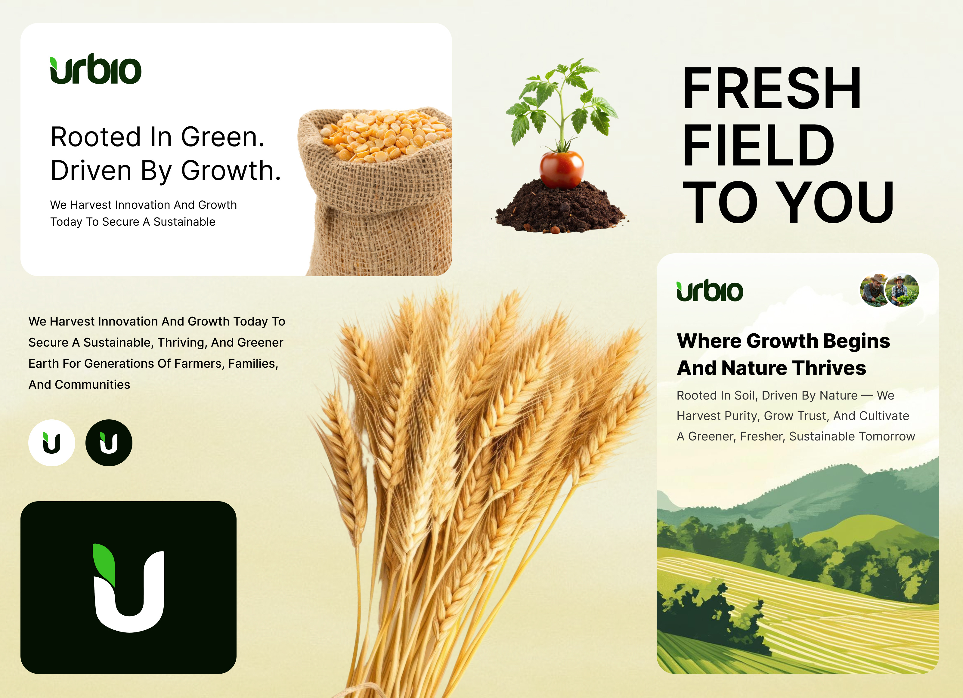 Urbio – Growing Stronger Agricultural Brand Experiences agri app design bento bento element brand design branding design kit farm food graphic design illustration logo design saas social branding techwitpro uiux urbio vegetable website yellow
