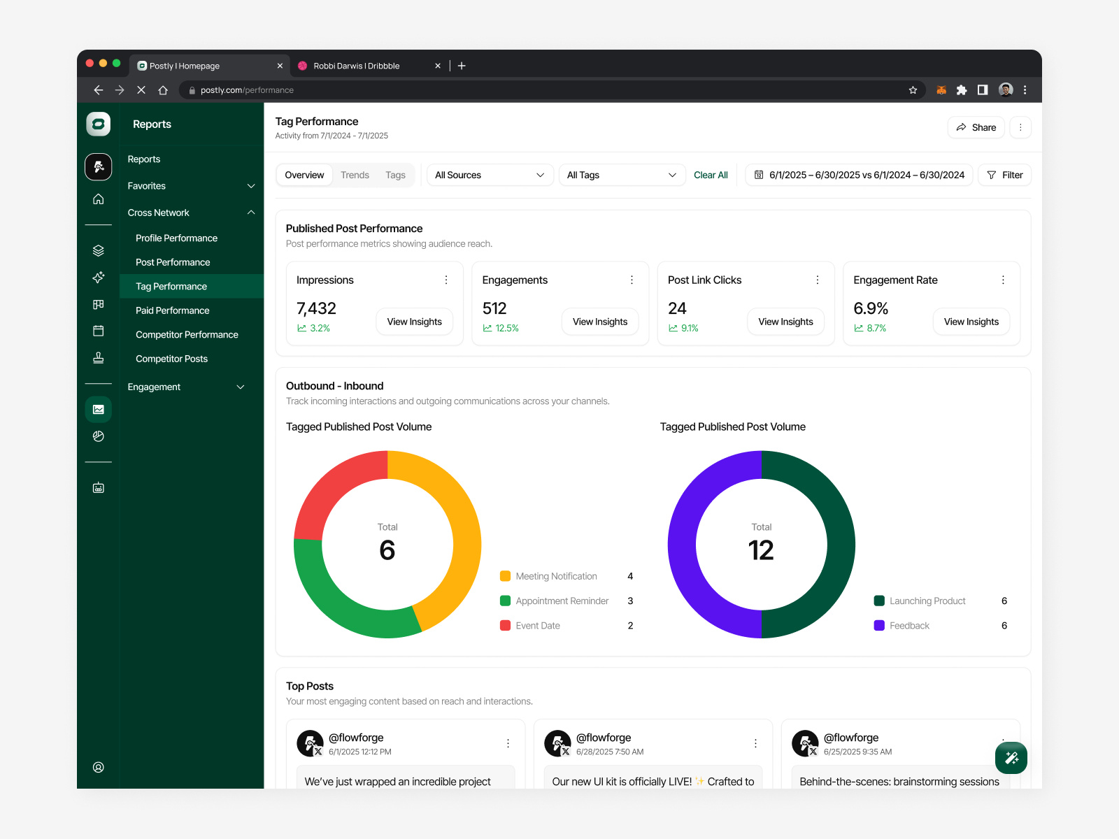 Postly - Social Media Management Web (Tag & Competitor Report) ai generate ai marketing tool ai social media manager auto flow campaign management chatbot chatbot automation competitor analysis dashboard generate post post performance post scheduler profile insight profile performance redesign saas social media management social media planner tag performance webapp