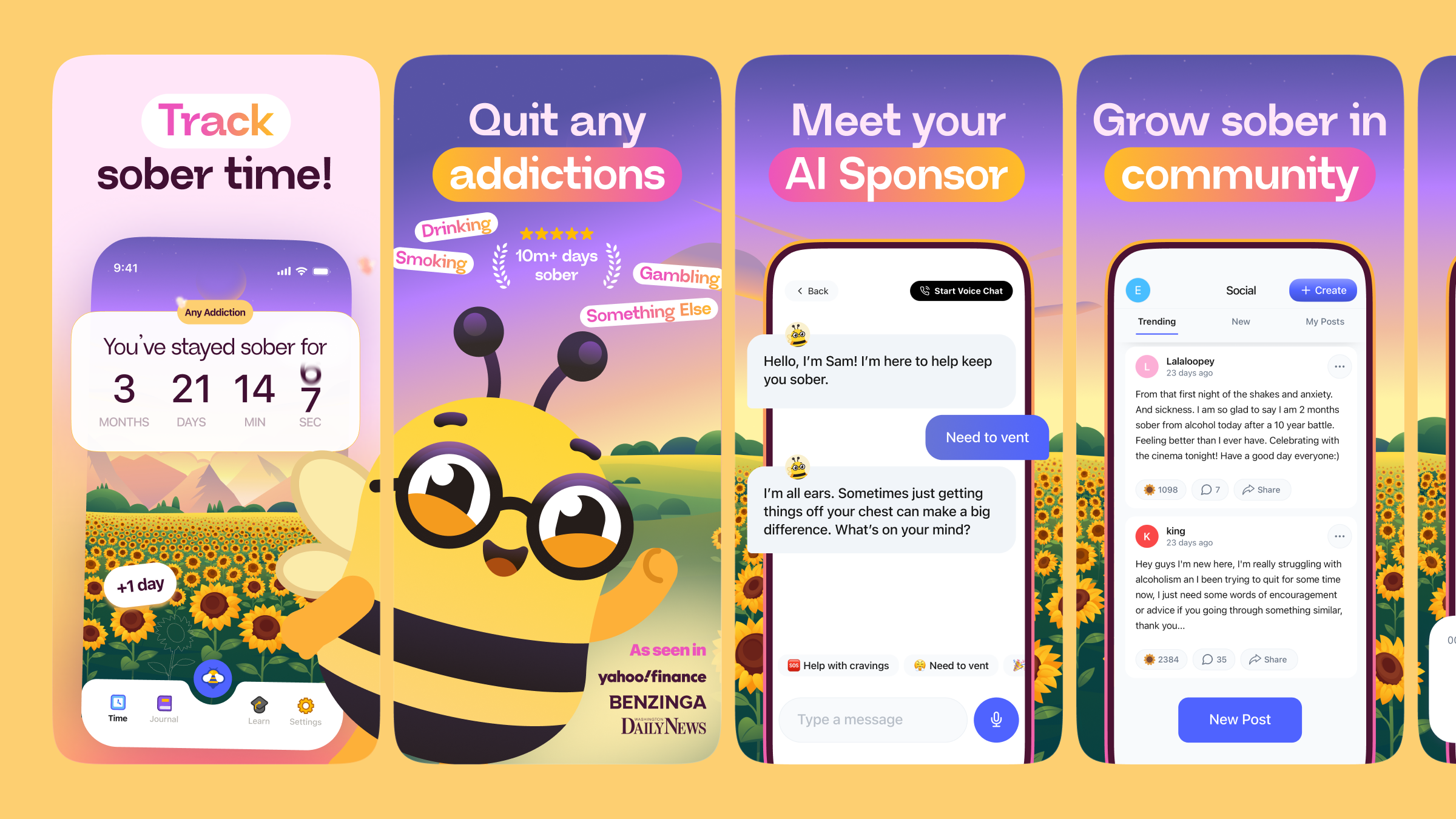 App Store Screenshots | Sunflower - Quit Any Addiction app design app marketing app screenshots app store app store creative app store design app store listing app store optimization app store preview app store screenshots app store visuals aso conversion optimization google play mobile app design mobile app marketing mobile ui product design screenshot design ui design