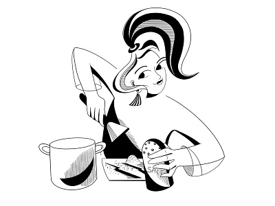 Girl cooks black and white character cooking emotions illustration inktober vector women