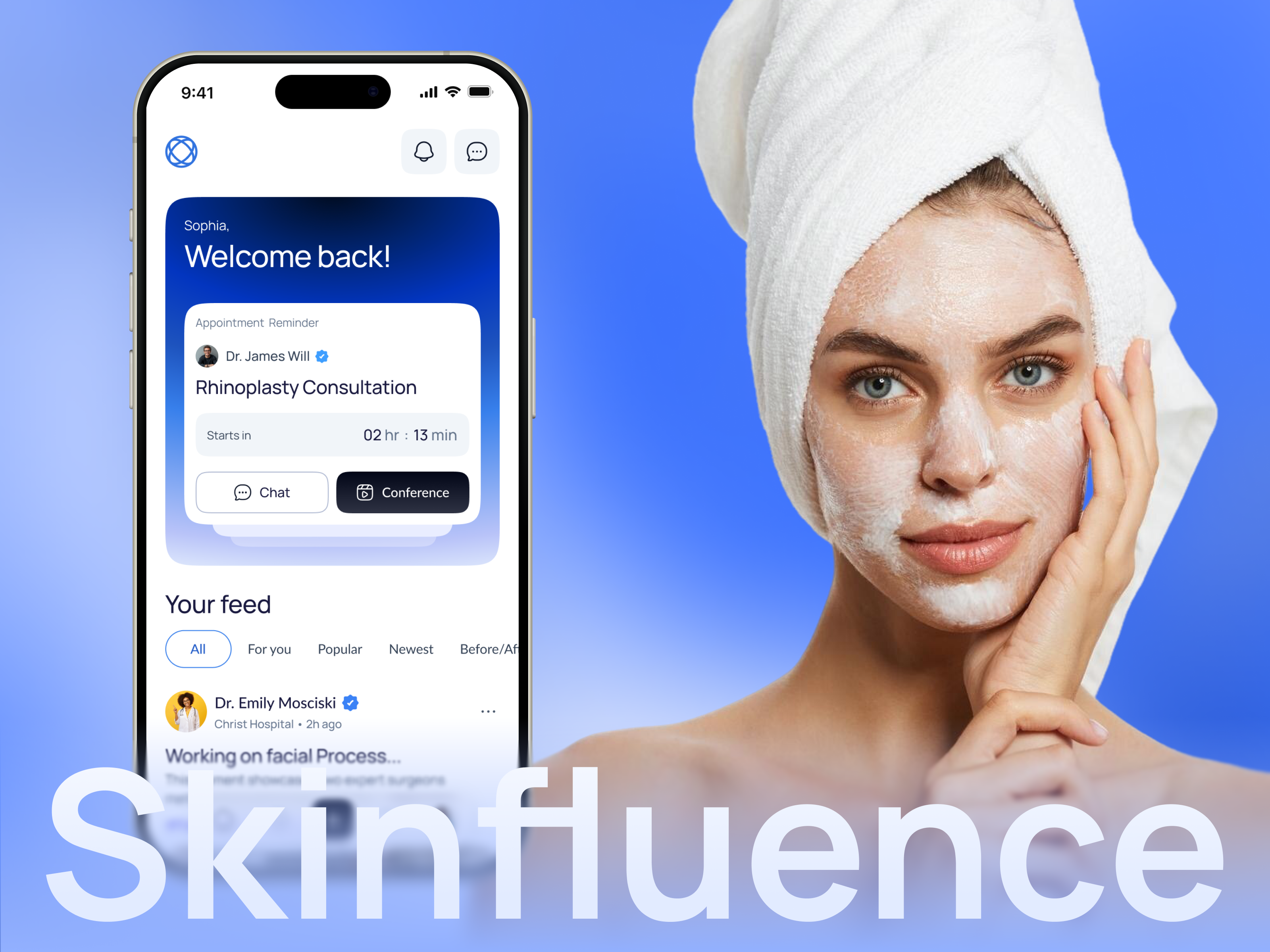 💙 Skinfluence — Aesthetic Medicine & Recovery App aesthetic medicine appointment booking booking app clean interface clinic ui healthcare app light mode medical dashboard medical ui mobile interface modern medical ui plastic surgery progress ui recovery tracker schedule app skincare user interface design