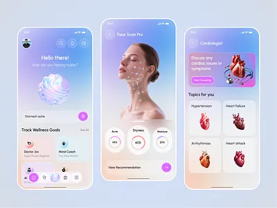 AI Healthcare Mobile App ai health ai skin scan ai technology beauty tech doctor app doctor booking doctor consultation face scan health app health dashboard health tracking heart health heart monitoring medical app mobile skin analysis skin care app skin health wellness app wellness tracker