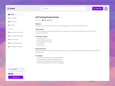 NotaAI - Notes App Dashboard ai assistant ai note ai note taking ai tool app design agency interface meeting ai tool notepad notes notetaker dashboard saas saas dashboard startup ui design ux design wavespace web web application workspace