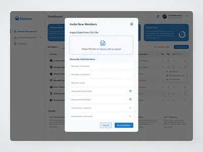 Marlow: Invite Members Modal app b2b best app desgin best designer best saas designer dashbaord design inspiration freelancer invite member member management popup productivity saas shahriar sultan top design agency top uiux designer ui web web ui