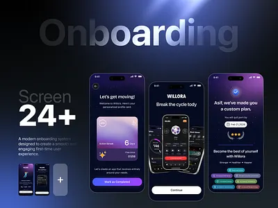 Willora – Habit tracking App Onboarding (24+ Ios Screens) appui darkmodeui darkui designinspiration figmadesign habittracker healthapp mobileappdesign modern design nukta nuktasolutions onboarding onboardingdesign onboardingscreen productdesign uidesign uiux uxdesign uxflow willora