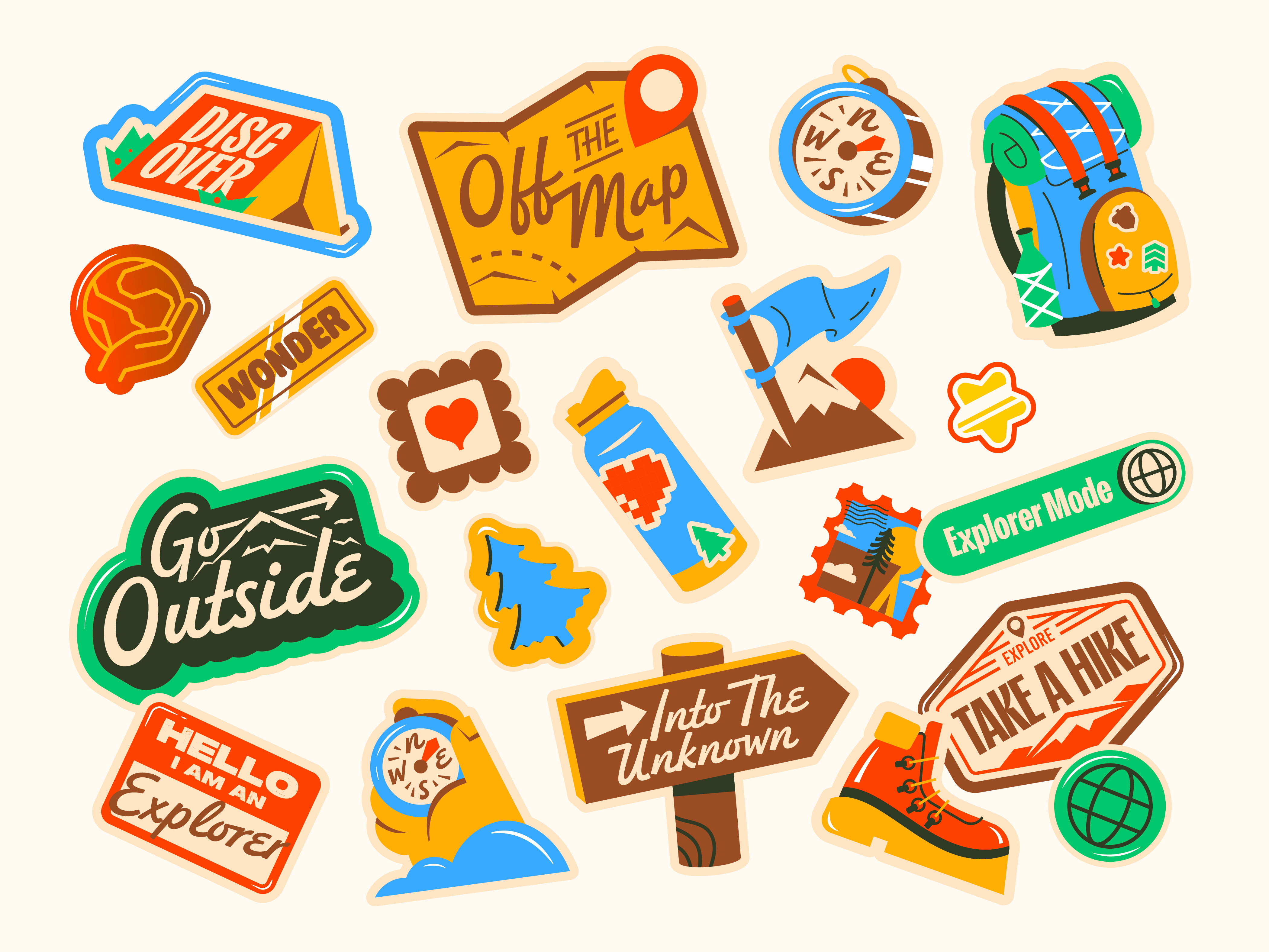 Editorial Sticker Illustrations adventure business stickers editorial editorial stickers fun stickers icon sticker iconography icons magazine illustration nature illustration nature sticker outdoors play playful playful stickers sticker sticker set stickers typography vector