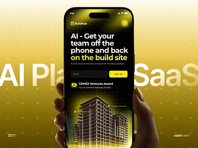 AI BuildHub® – SaaS platform build landing page ai ai assistant ai cloud ai saas ai startup ai technology ai tool ai website design aiml architects tool artificial intelligence blueprint analysis building management dark mode mobile app procurement ui product design smart interface software startup