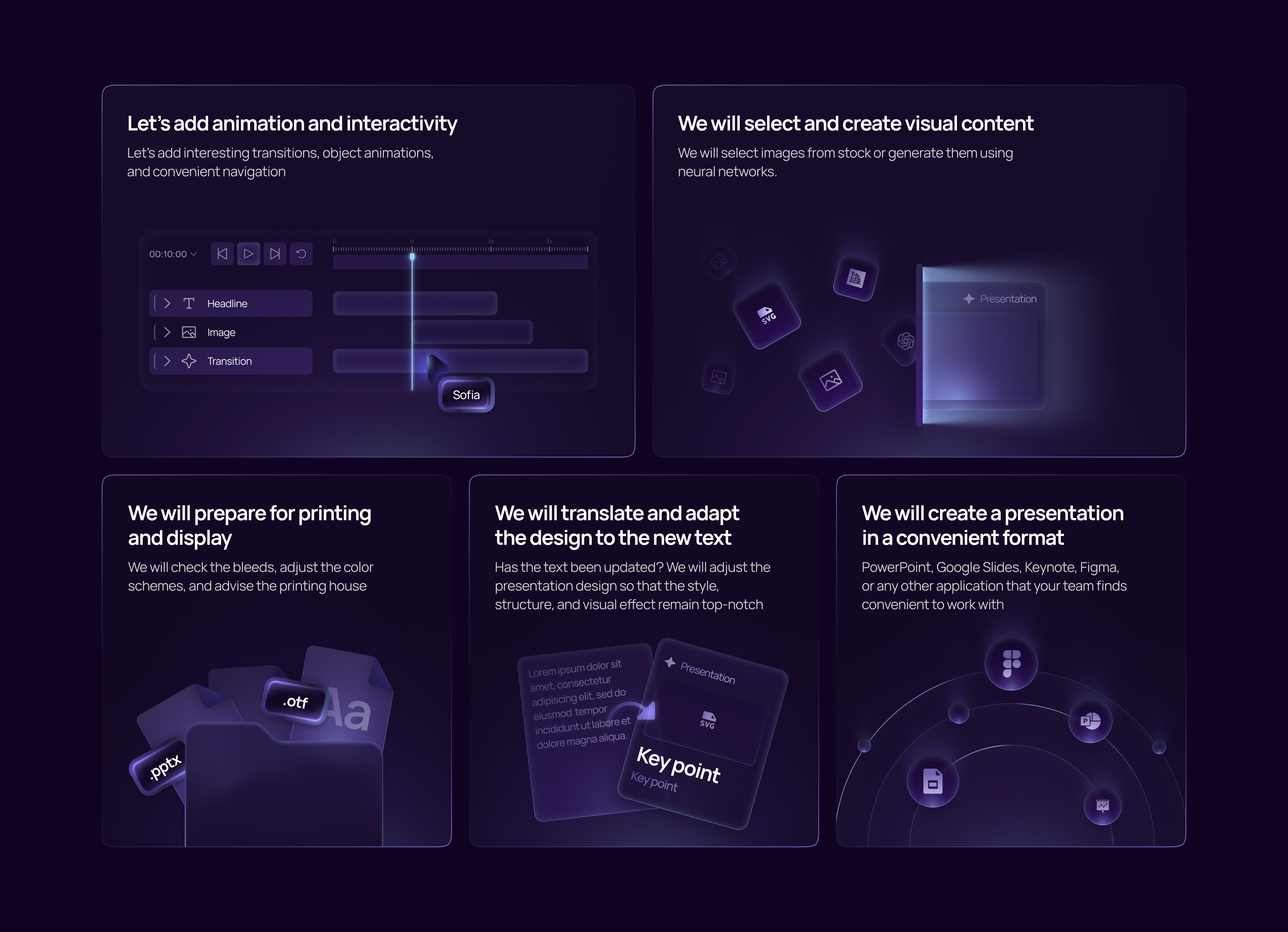 Neon Bento UI Grid — Presentation Design Services agency bento branding cards dark glow graphic design grid illustration landing layout modular neon presentation purple saas service ui web website