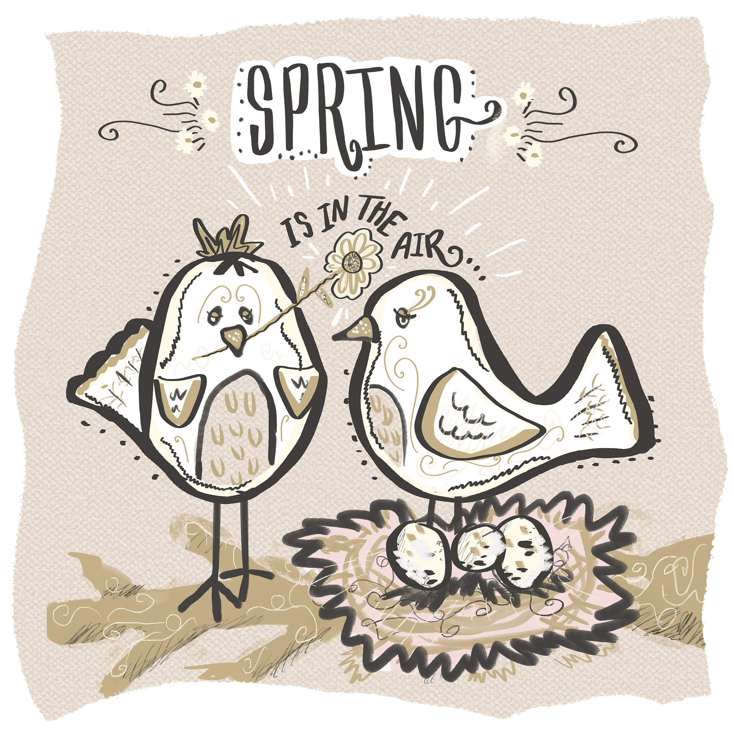 Digital Illustration - Springtime birds digital illustration hand lettering nest neutral color scheme procreate springtime