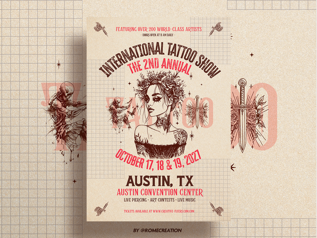 Vintage Tattoo Convention Flyer Template - Hand-Drawn PSD convention poster creativeflyer creativeflyers design digital asset flyer design graphic design illustration ink showcase marketing agency photoshop photoshop template poster professional flyer retro aesthetic sketch art tattoo show