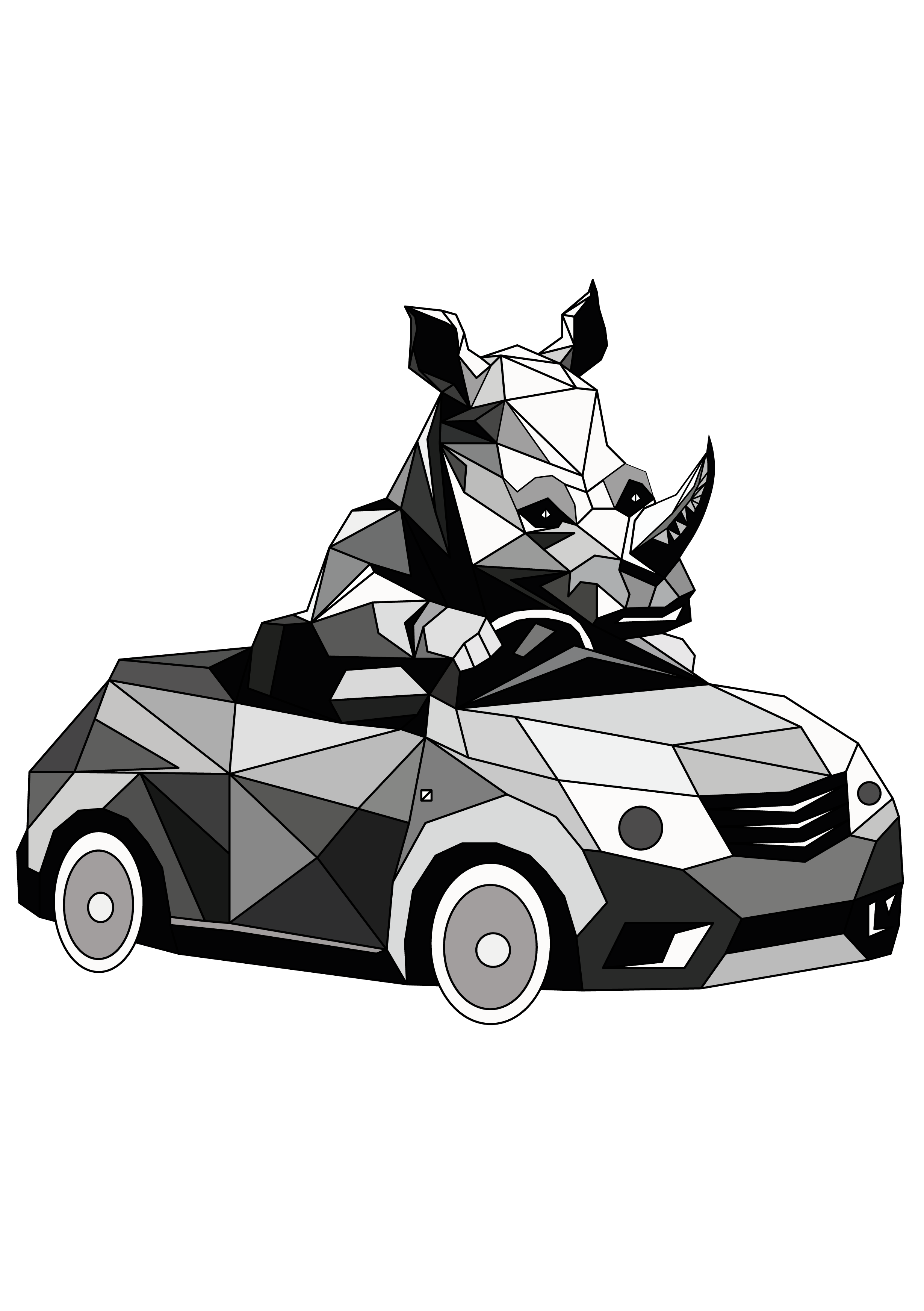 Rhino Ray Driving a Car animal sticker black and white rhino car sticker driver rhino driving rhino driving sticker funny rhino geometric animal geometric rhino low poly animal minimal rhino polygon animal polygon rhino ray rhino character rhino driver rhino driving car rhino illustration rhino sticker travel rhino