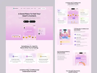 Mental Wellness App Landing Page appdesign appwebsite emotion tracker figma footer hero section journal landingpage mental health mentalhealthapp minimal ui mood tracker productdesign saas soft design uidesign uiux uxdesign webdesign wellnessapp