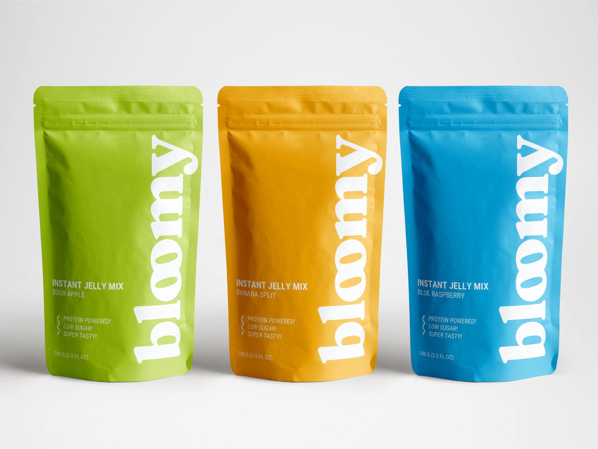 Bloomy bloomy brand identity branding cpg cpg design food packaging instant jelly mix jello packaging jelly mix packaging jelly packaging logo logotype packaging design wordmark