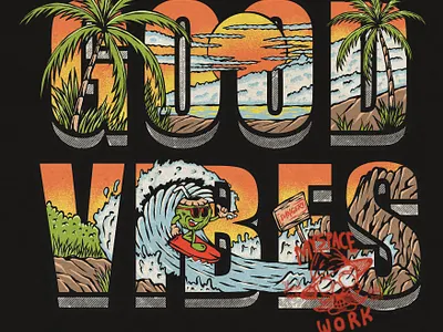 GOOD VIBES apparel artwotk beach branding character design clothing digital art drawing graphic design illustration mascot merchandise palm tree surfing typograph vintage