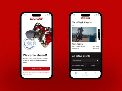 Roundup Application aesthetic application buy buying design events interface journey modern research rodeo simple ticket ui ux