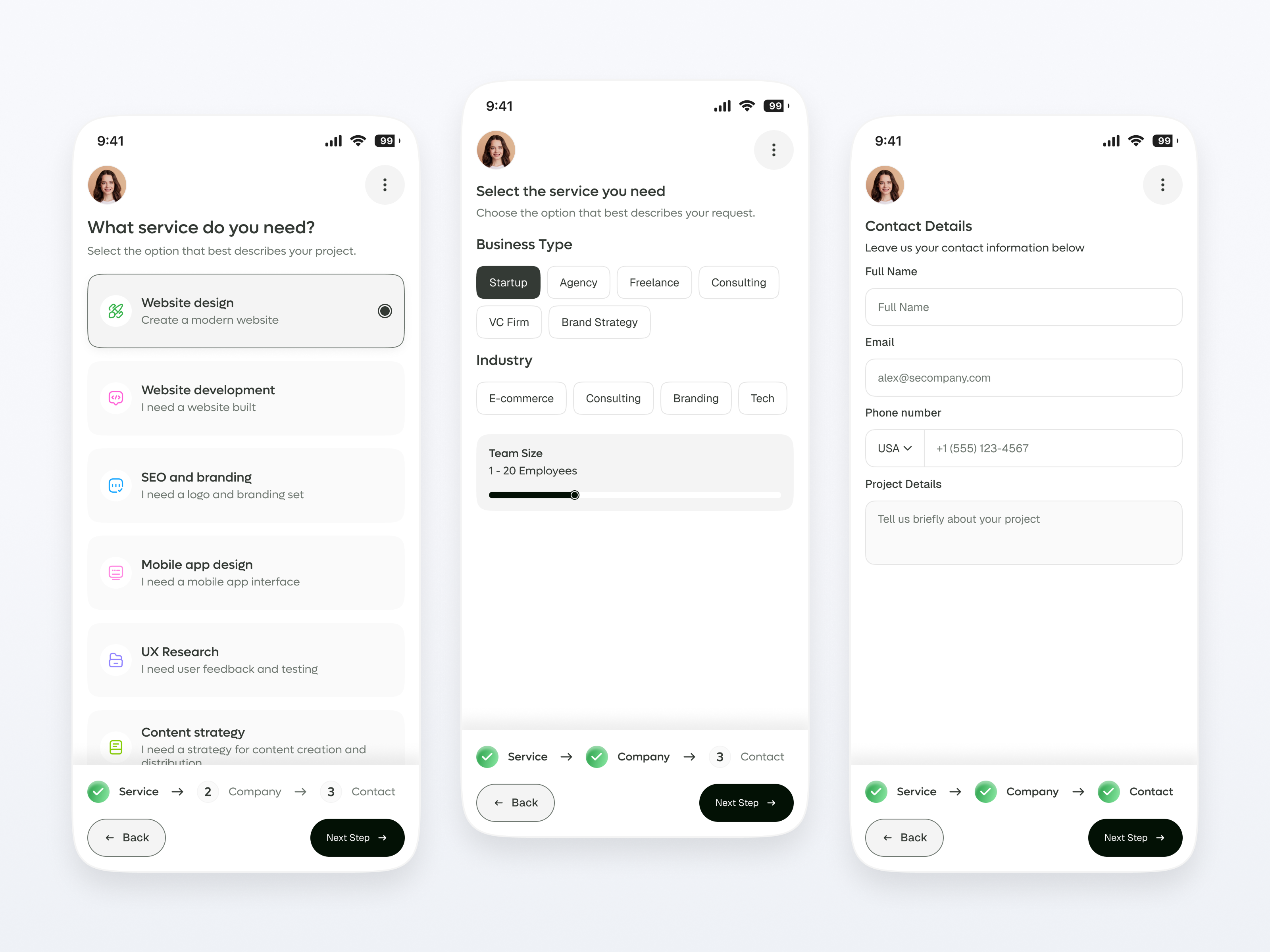 Multi-Step Service Request Flow — SaaS Mobile UI app design clean ui figma form design interaction design interface design mobile app mobile ui modern ui onboarding product design saas saas ui ui design user experience ux design workflow