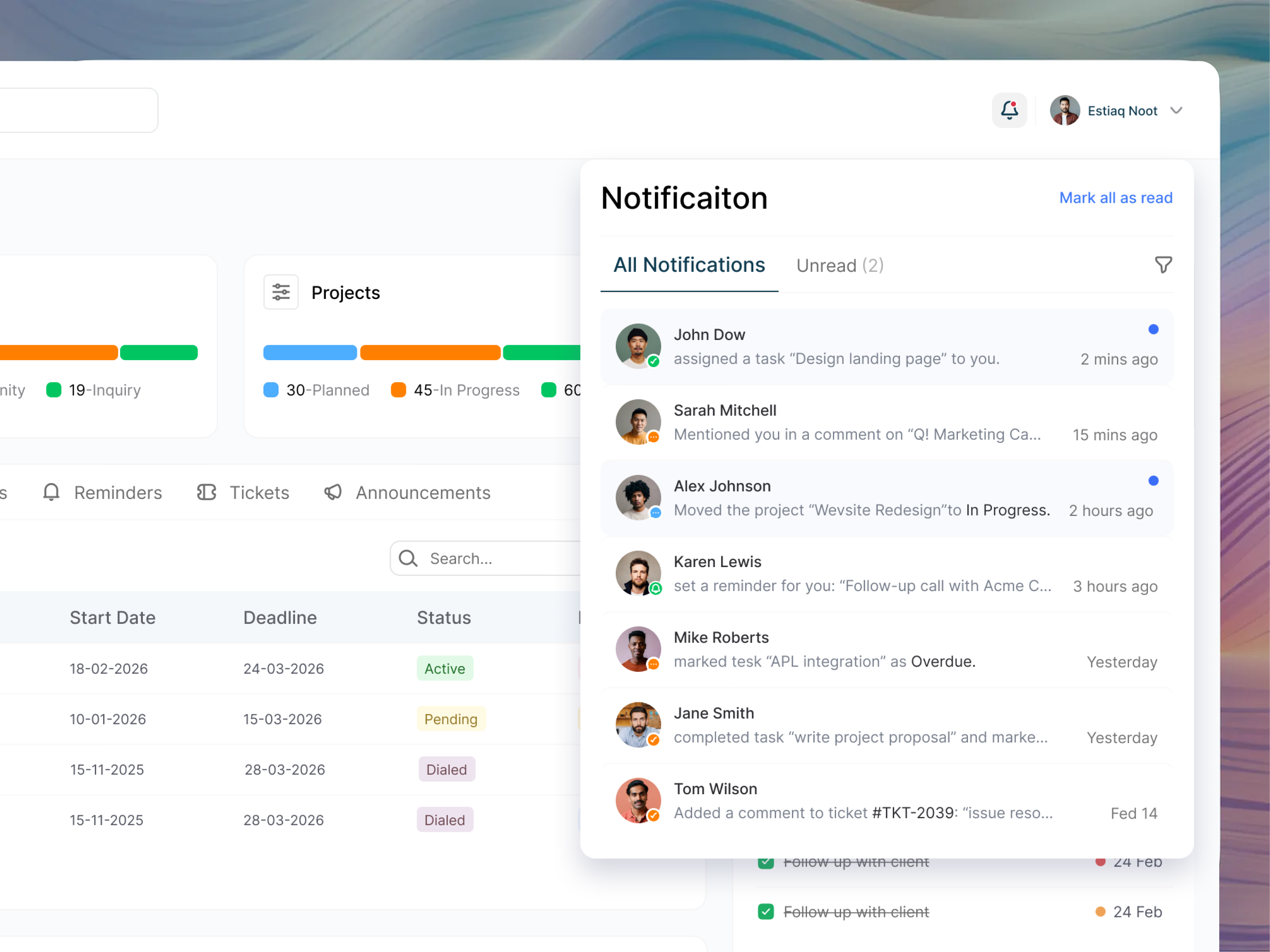Notification Panel UI/UX Design - Syncra CRM dashboard minimal ui notification notification ui project management saas syncra crm ui ux web app
