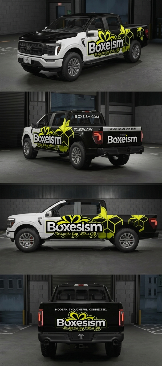 Boxeism Gift Service Ford F-150 Vehicle Wrap Mockup - Multi-View black and gold box service boxeism commercial van corporate branding custom graphics custom vinyl fleet design ford f 150 gift delivery lime yellow accents marketing design modern design multi view render perspective render pickup truck professional mockup studio garage transport advertising vehicle wrap mockup