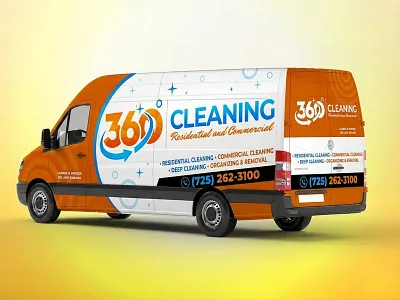 360 Cleaning Residential and Commercial Vehicle Wrap Mockup 360 cleaning commercial van corporate branding custom graphics custom vinyl fleet design ford transit graphic design hood design marketing tool modern typography multi angle render orange and blue professional mockup realistic textures rear view script font side profile transport advertising vehicle wrap mockup