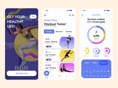 Fitness App app branding design home screen splash screen steps screen ui ui cards ux
