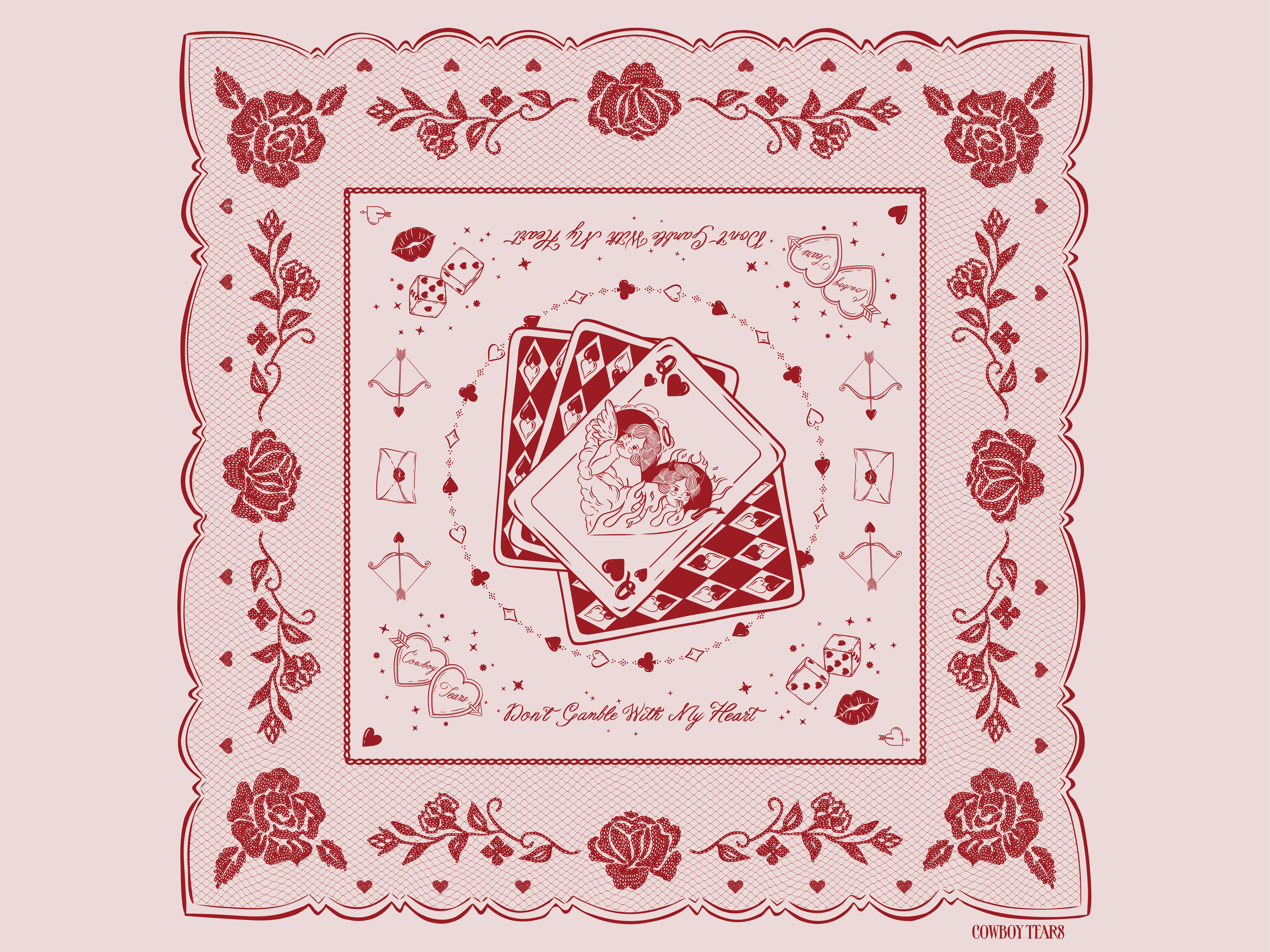 Valentine's Day Bandana angel bandana cherub cupid devil dice embroidery gamble hand drawn hand drawn type heart illustration love love letters luck playing cards romance roses valentines day vintage