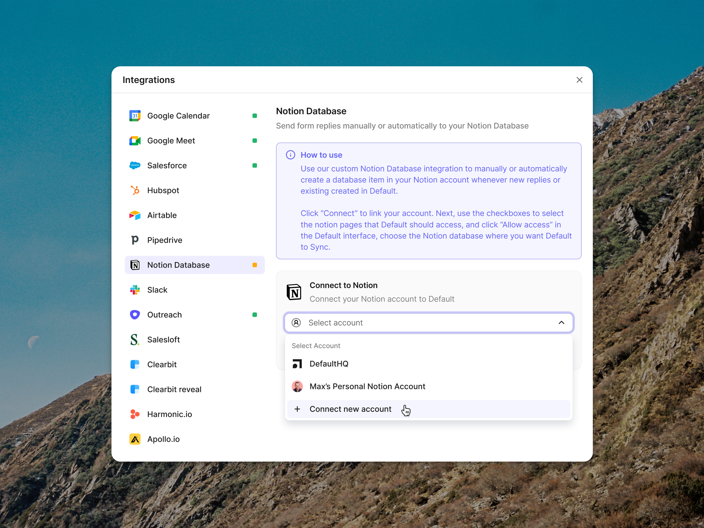 Default.com — Integrations modal ai apollo app store apps automation b2b clay clearbit connections dashboard default.com design system integrations llm modal saas ui ui elements workflow