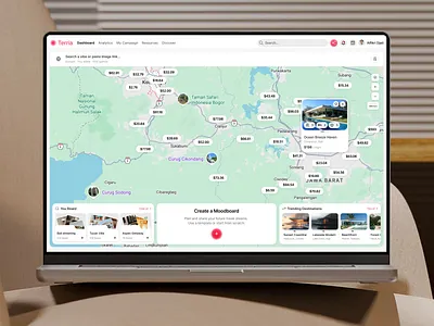 Terria ⎻ AI Travel Discovery ai powered consumer saas dashboard figma hospitality hotel discovery light ui map ui minimal ui moodboard product design property search saas travel app travel tech trip planning ui design ux design visual search web app