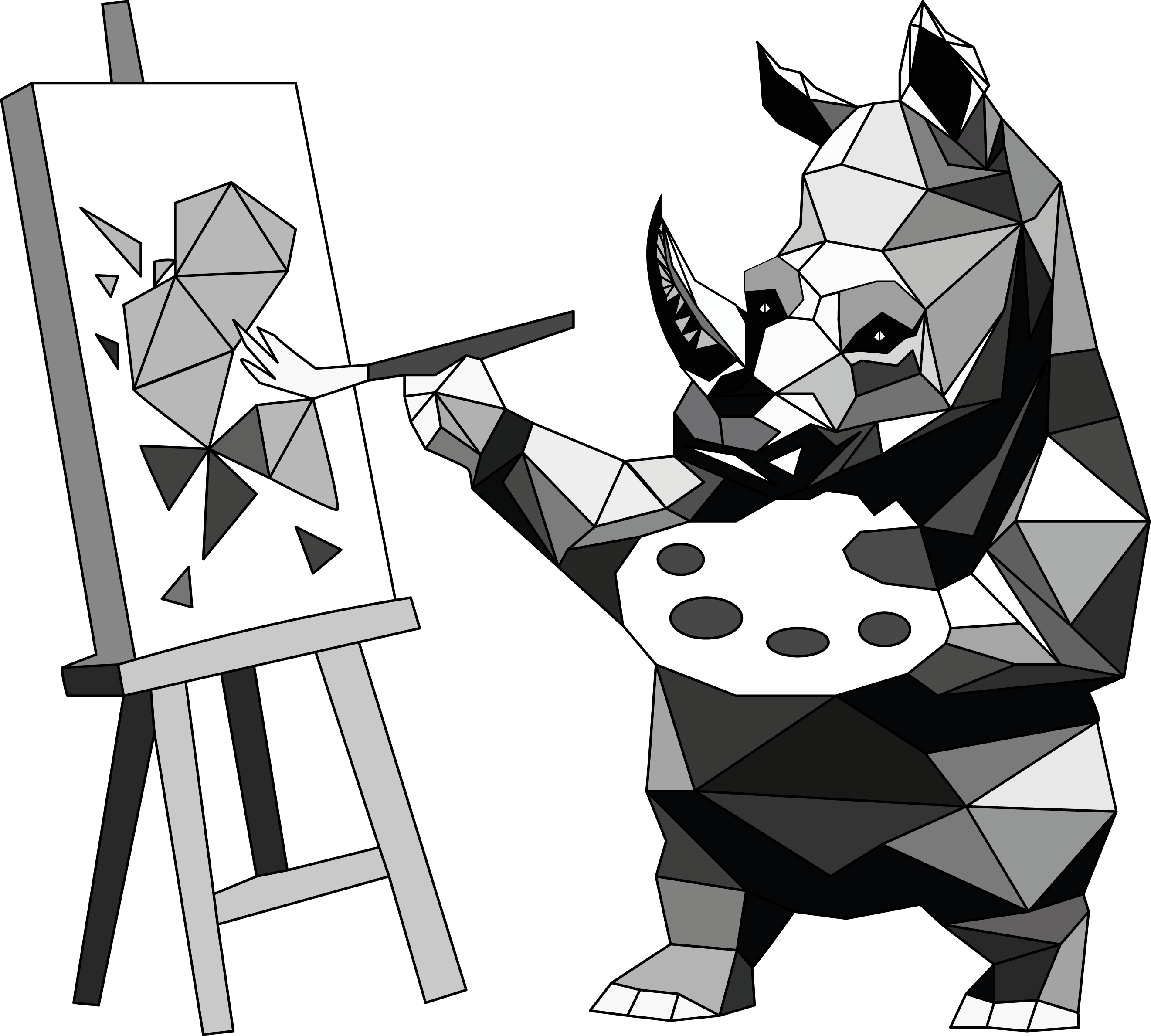 Rhino Ray Painting on an Easel animal sticker art sticker artist animal artist rhino black and white rhino creative rhino geometric animal geometric rhino low poly animal minimal rhino painting rhino painting sticker polygon animal polygon rhino ray rhino artist rhino character rhino illustration rhino painting rhino sticker