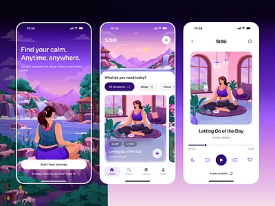 Stillō - Guided Meditation App 🌙✨ app calm dark design focus illustration meditation mindfullness mobile onboarding orely player sleep ui ux wellness